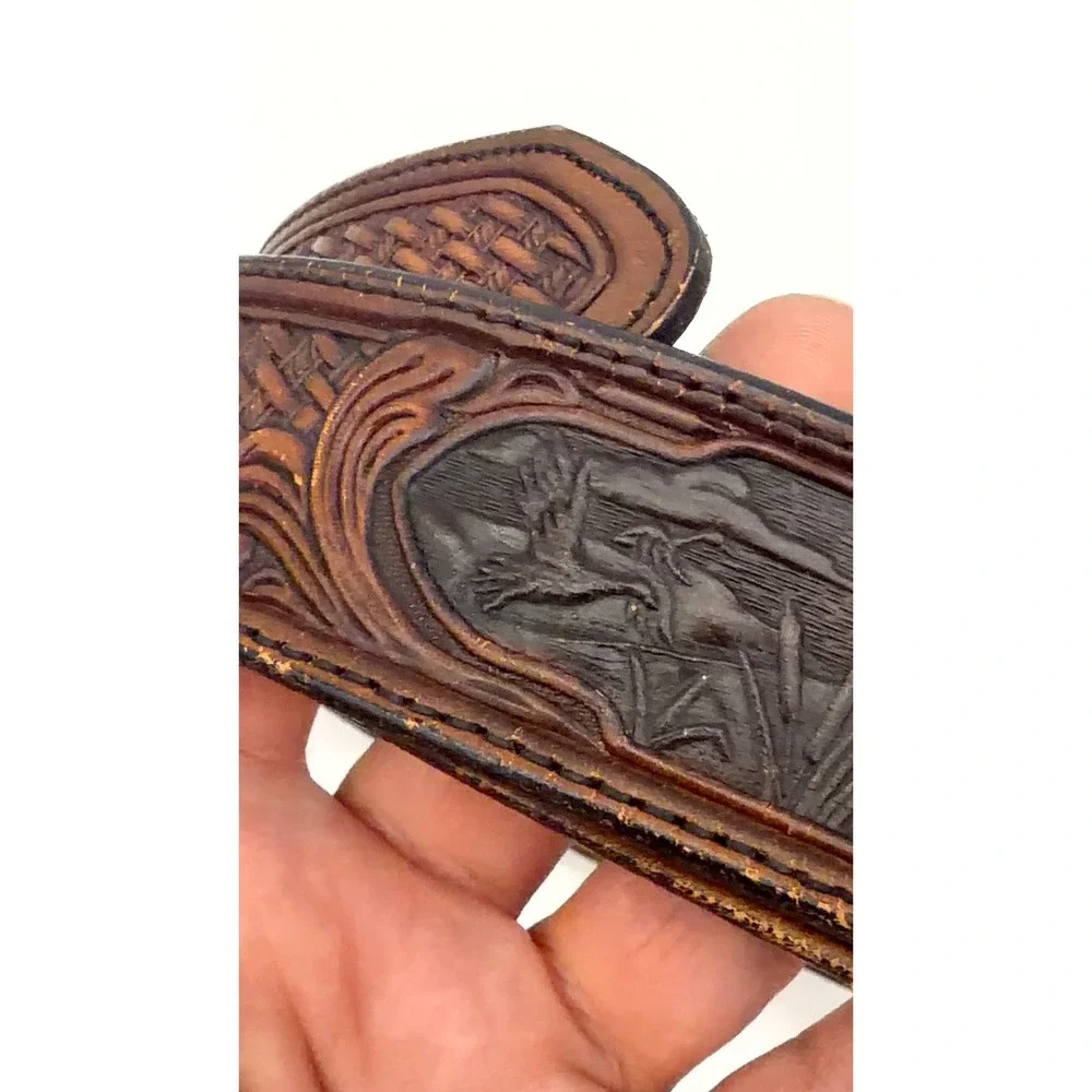 Silver Creek Mens Belt 40 Brown Leather Hand Tooled Duck Hunting Marsh Western